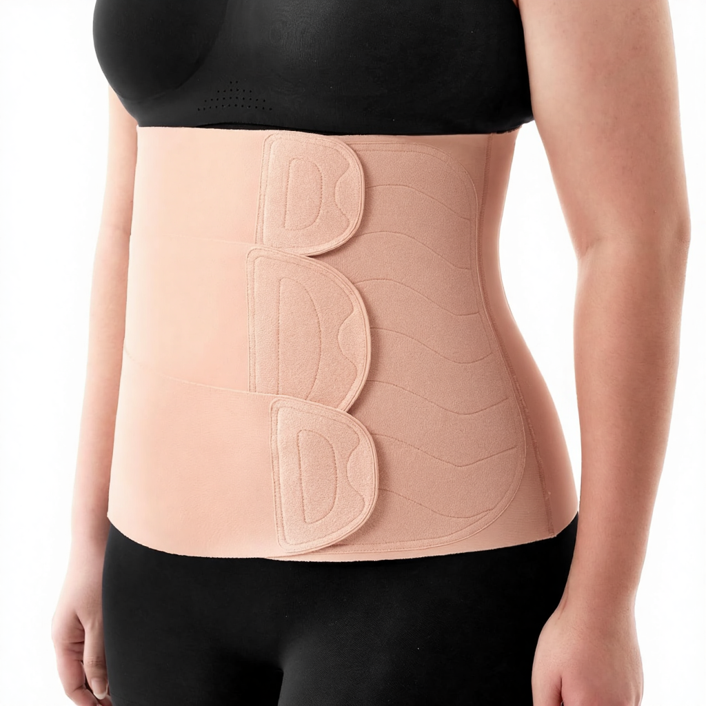 Abdominal compression support binder in slate with adjustable hook-and-loop closure