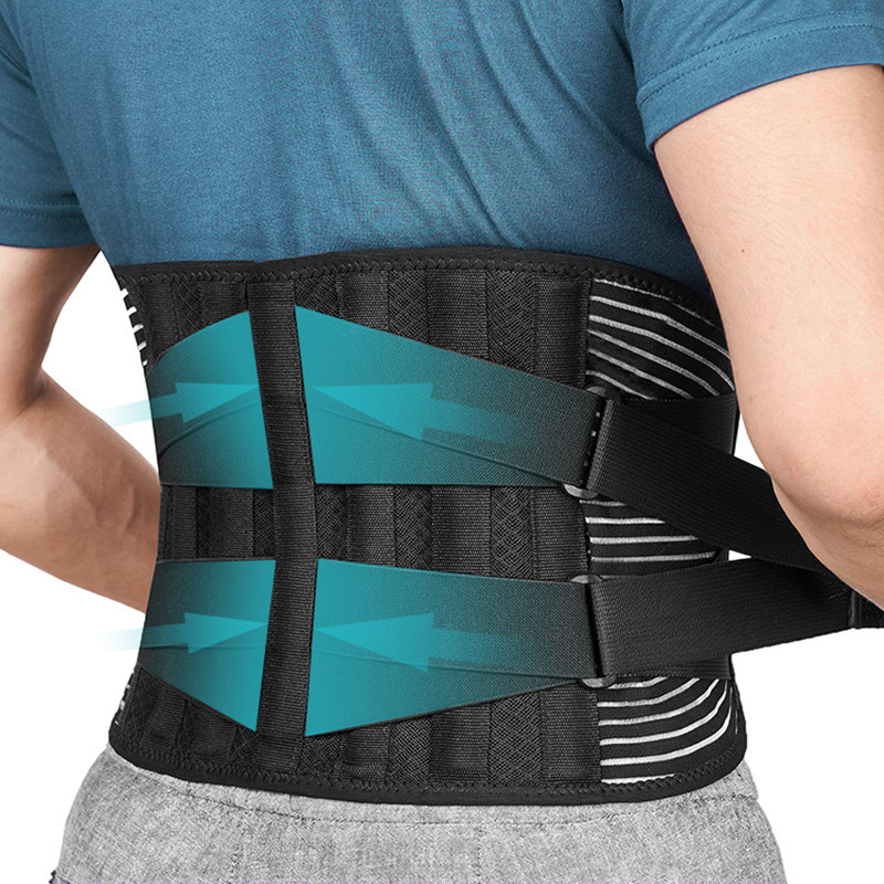 Lumbar support belt in graphite with a wide back panel and adjustable front straps