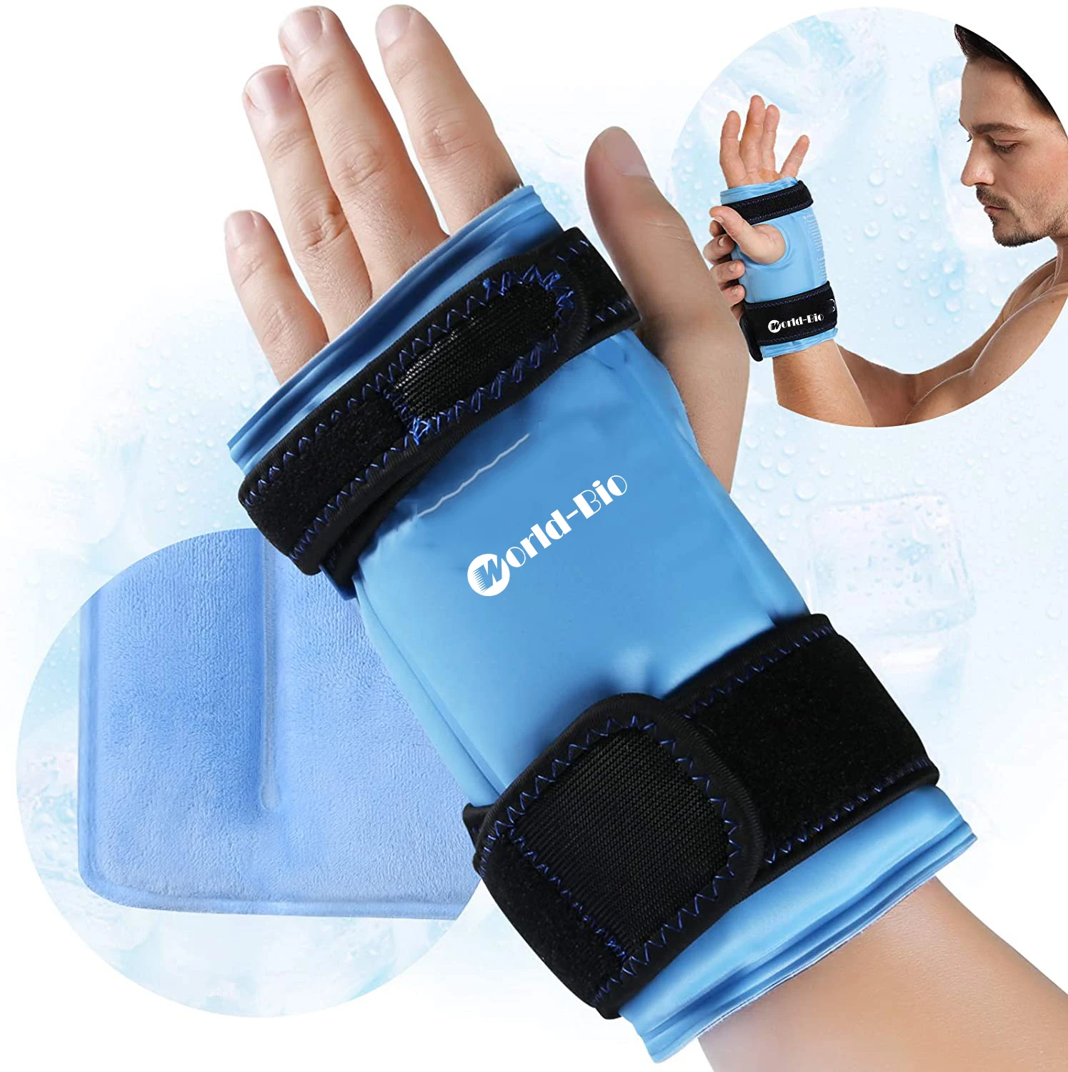 Fabric-covered gel therapy wrap with an adjustable strap, shown rolled and flat